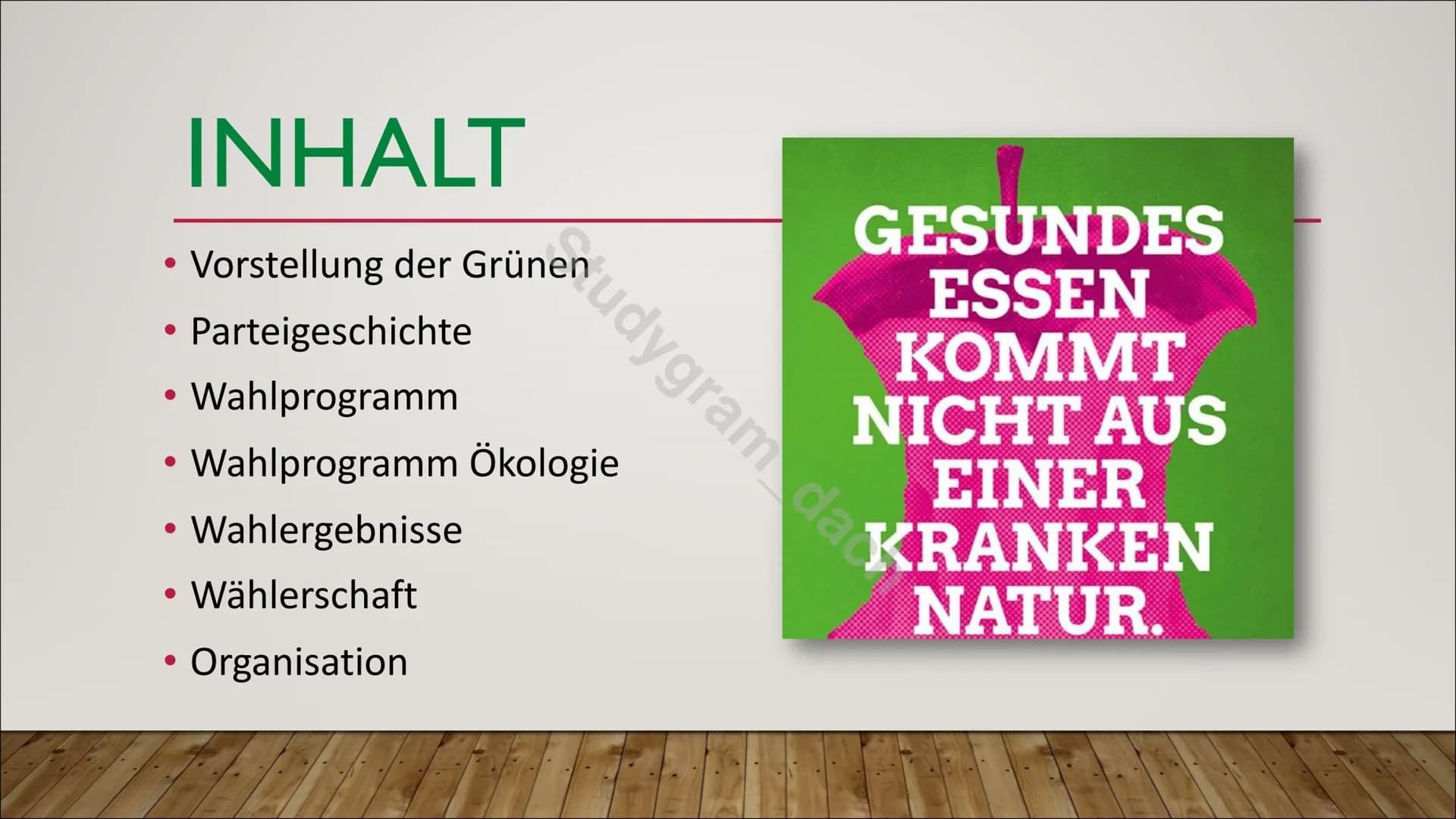 Stu
BÜNDNIS 90
DIE GRÜNEN
ach # INHALT
* Vorstellung der Grünen
* Parteigeschichte
* Wahlprogramm
* Wahlprogramm Ökologie
* Wahlergebnisse
*