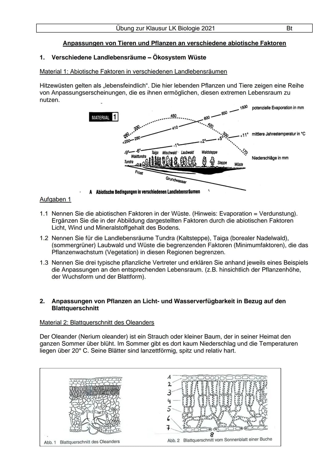 | Biologie | Klausurübung Bearbeitung | Charline |
|---|---|---|
1.1 Temperatur: Jahresdurchschnitt 11 C
Wasser: 170 mm Niederschläge, Grund