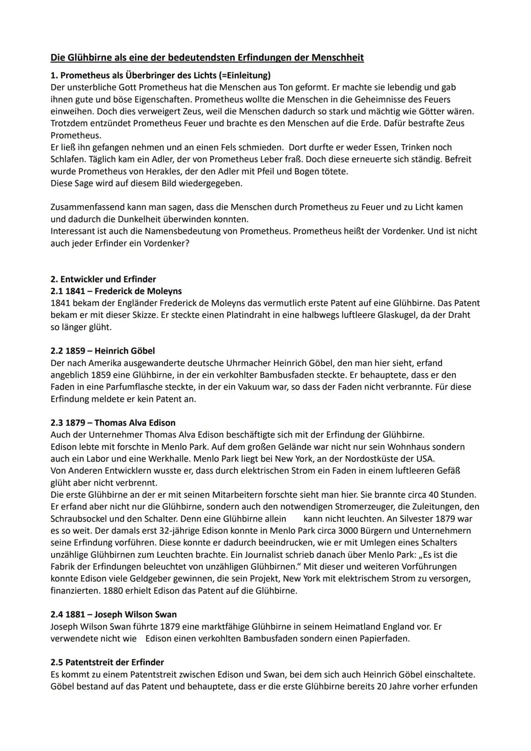 ## Bedeutende Erfindungen für die Menschheit
### Glühlampe: Gliederung
1. Prometheus als Überbringer des Lichts
2. Entwickler und Erfinder