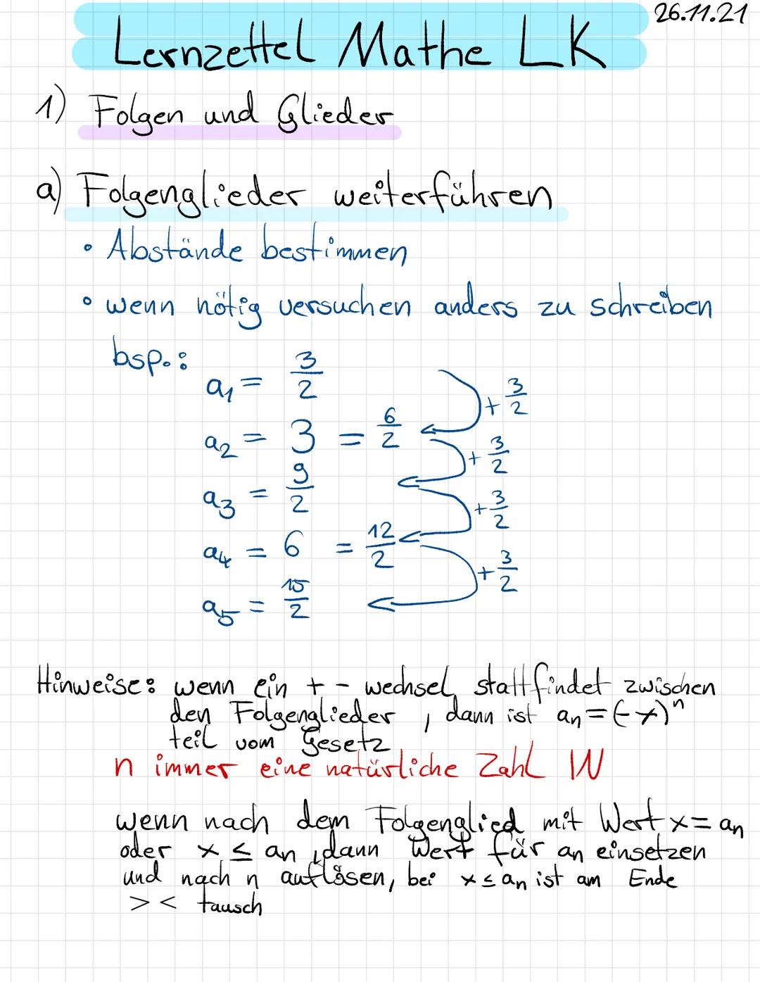 Lernzettel Mathe LK
1) Folgen und Glieder
a) Folgenglieder weiterführen
• Abstände bestimmen
• wenn nötig versuchen anders zu schreiben
bsp.