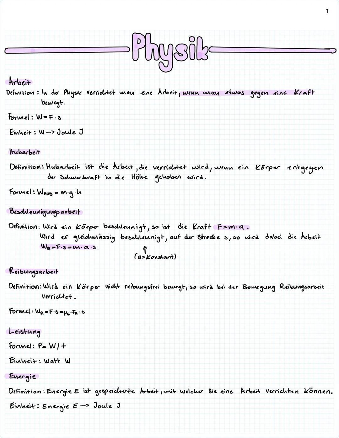 Arbeit
Physik
Definition: In der Physik verrichtet man eine Arbeit, wenn man
bewegt.
Formel: W=F.S
Einheit: W-> Joule J
Hubarbeit
etwas
gege