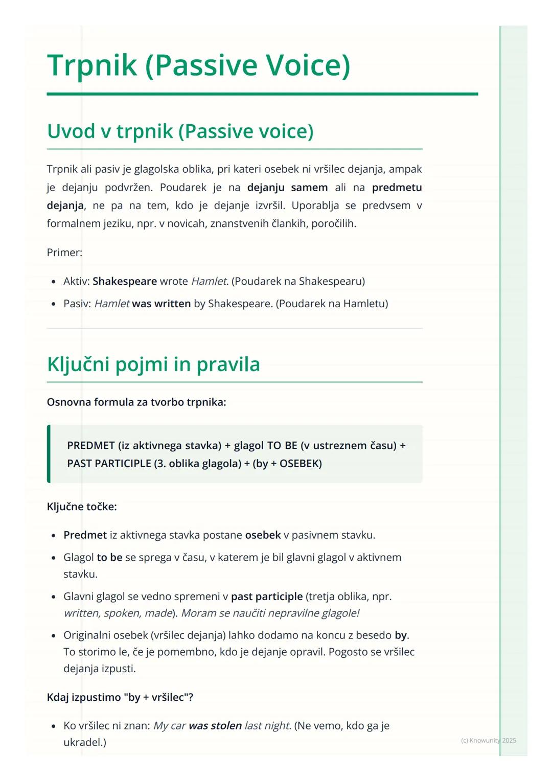 # Trpnik (Passive Voice)
Uvod v trpnik (Passive voice)
Trpnik ali pasiv je glagolska oblika, pri kateri osebek ni vršilec dejanja, ampak
j