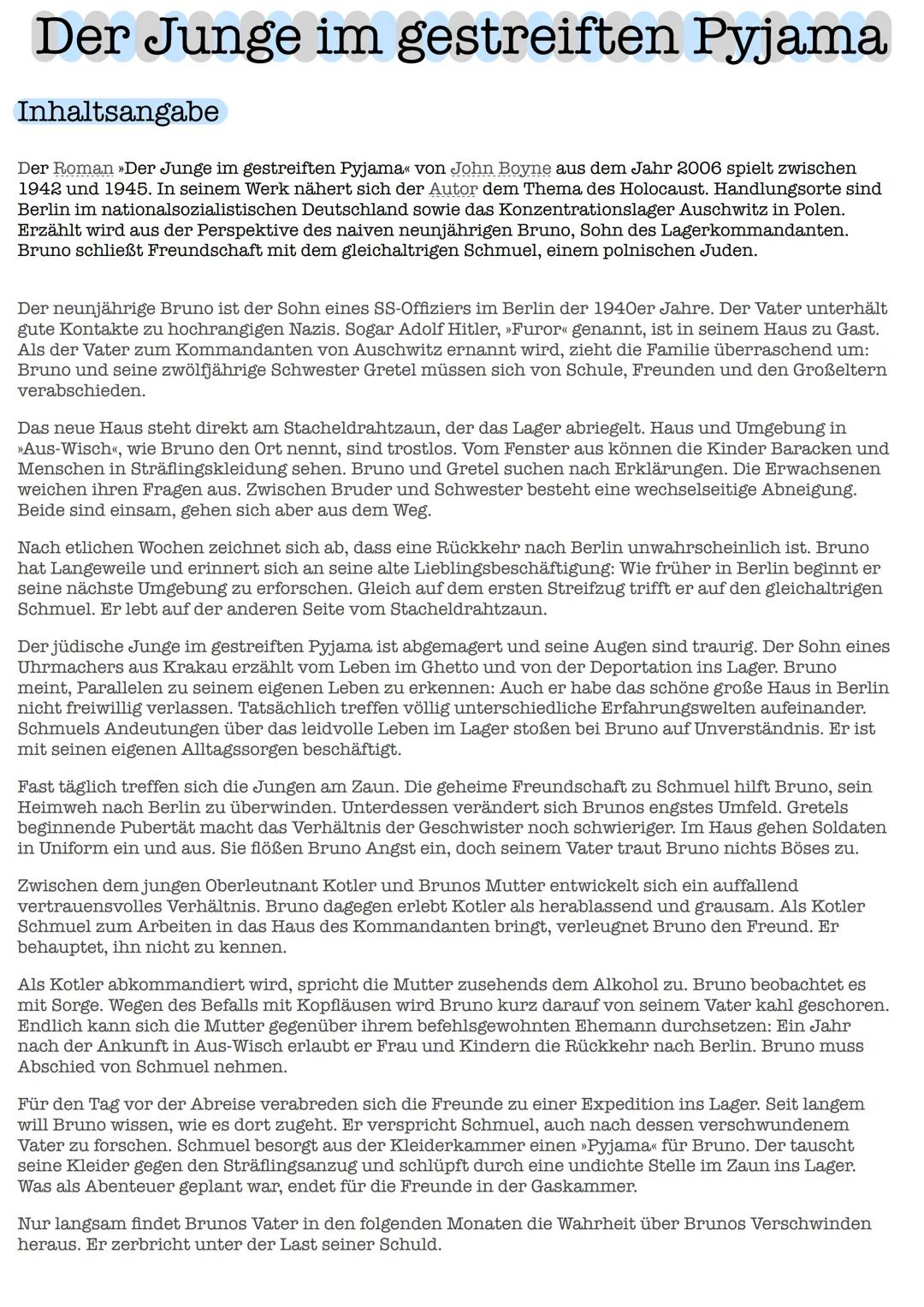 # Der Junge im gestreiften Pyjama
Inhaltsangabe
Der Roman »Der Junge im gestreiften Pyjama von John Boyne aus dem Jahr 2006 spielt zwisch