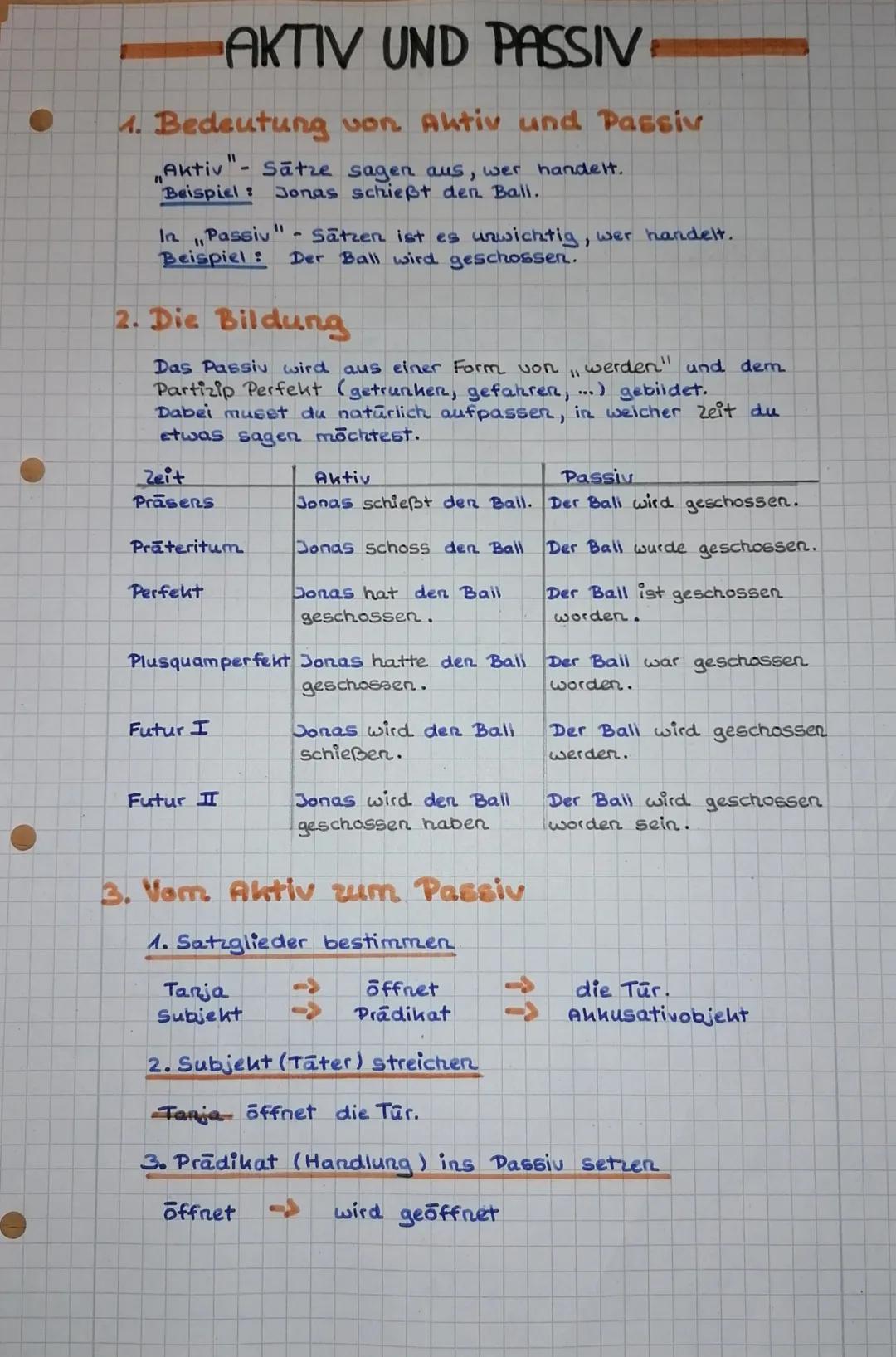 # AKTIV UND PASSIV
1. Bedeutung von Aktiv und Passiv
"Aktiv"- Sätze sagen aus, wer handelt.
Beispiel: Jonas schießt den Bali.
In „Passiv"