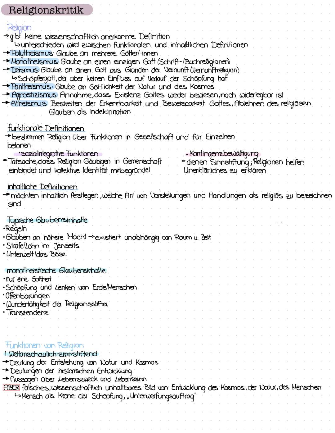 # Religionskritik
Religion
→gibt keine wissenschaftlich anerkannte Definition
unterschieden wird zwischen funktionalen und inhaltlichen D