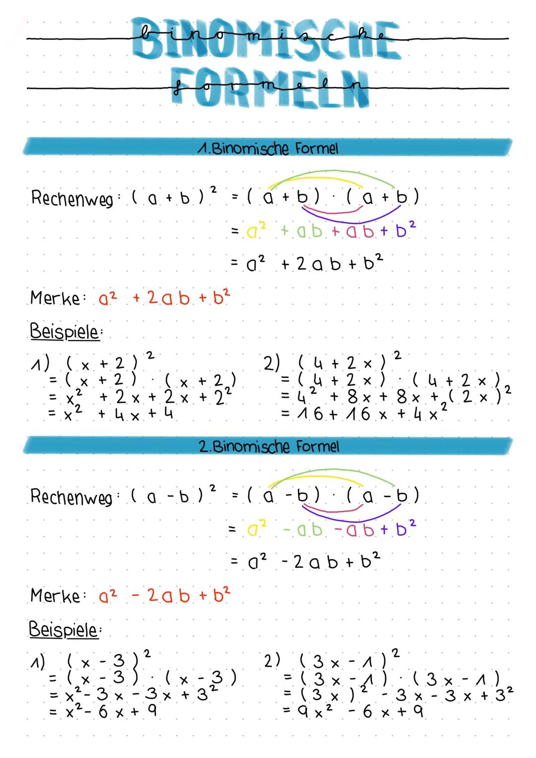 Rechenweg (a + b)² = (a + b) (a + b)
=a² + ab + ab + b ²
= a² + 2ab + b²
X
BINOMISCHE
FORMELN
Merke: a² + 2ab + b²
Beispiele
1) (x + 2)
= (x