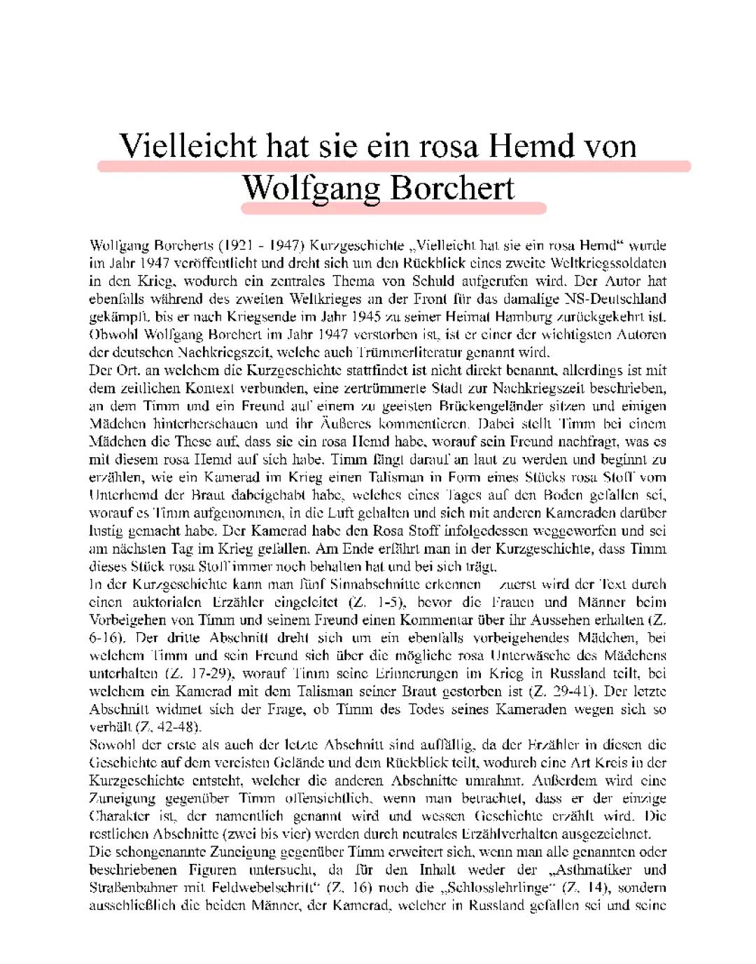 Wolfgang Borchert–Vielleicht hat sie ein rosa Hemd Interpretation