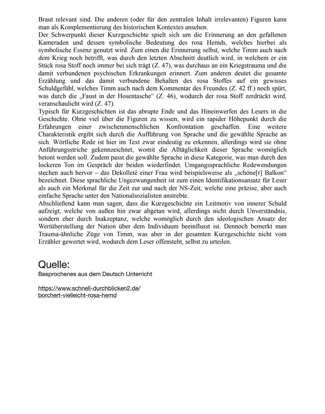 Vielleicht hat sie ein rosa Hemd von
Wolfgang Borchert
Wolfgang Borcherts (1921-1947) Kurzgeschichte ,,Vielleicht hat sie ein rosa Hemd" wur