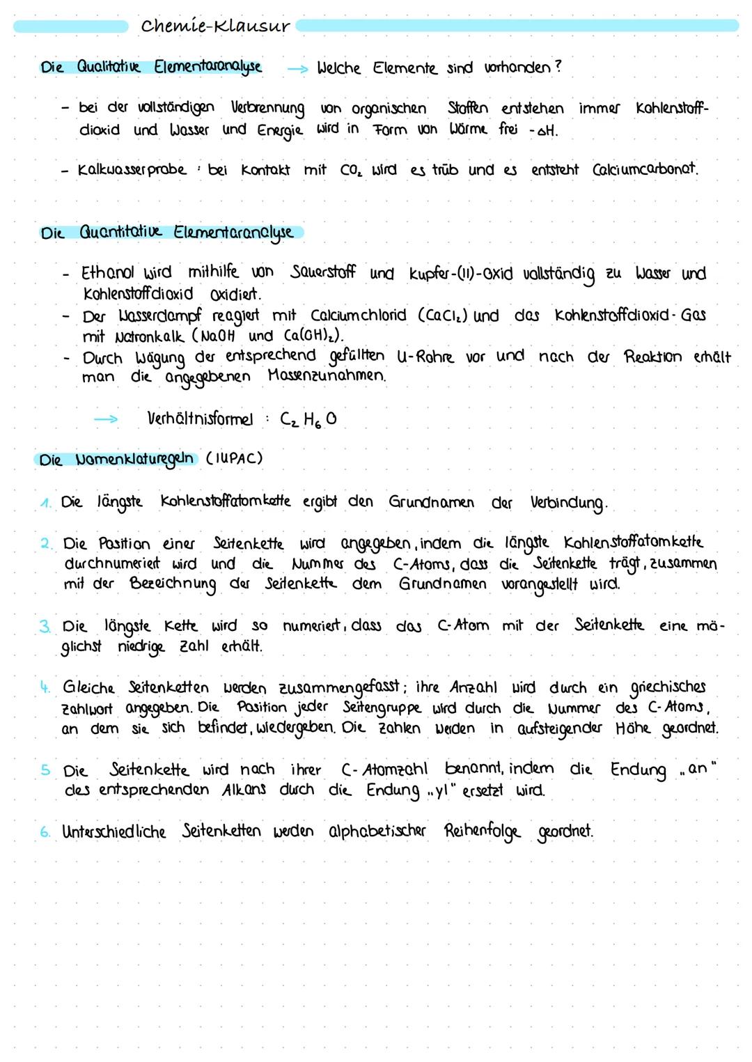 Chemie-Klausur
Die Qualitative Elementaranalyse
Welche Elemente sind vorhanden?
bei der vollständigen Verbrennung von organischen Stoffen en