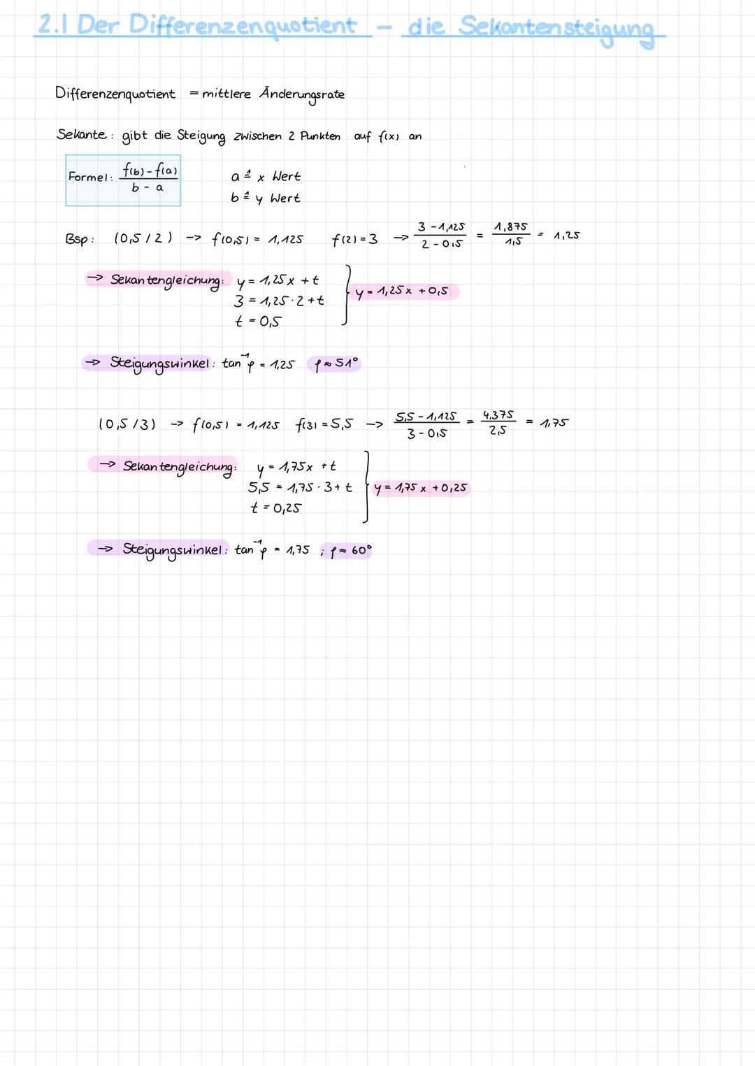 2.1 Der Differenzenquotient - die Sekanten steigung
= mittlere Änderungsrate
Sekante gibt die Steigung zwischen 2 Punkten auf fix) an
fib)-f