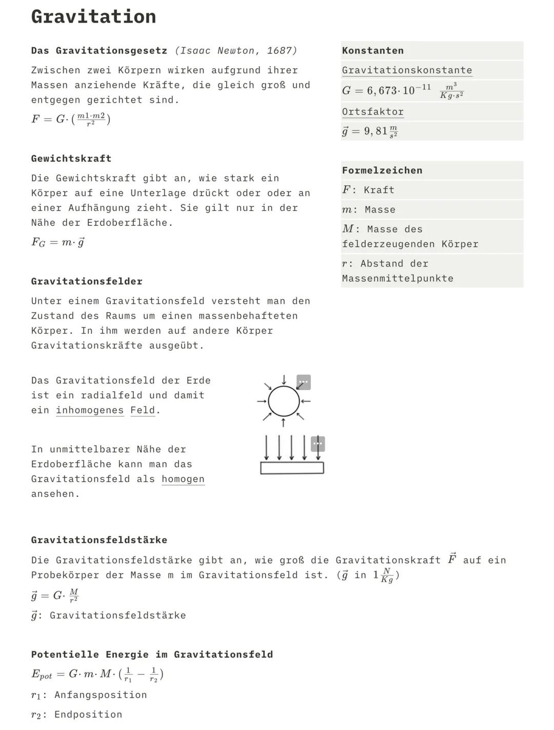 Gravitation
Das Gravitationsgesetz (Isaac Newton, 1687)
Zwischen zwei Körpern wirken aufgrund ihrer
Massen anziehende Kräfte, die gleich gro