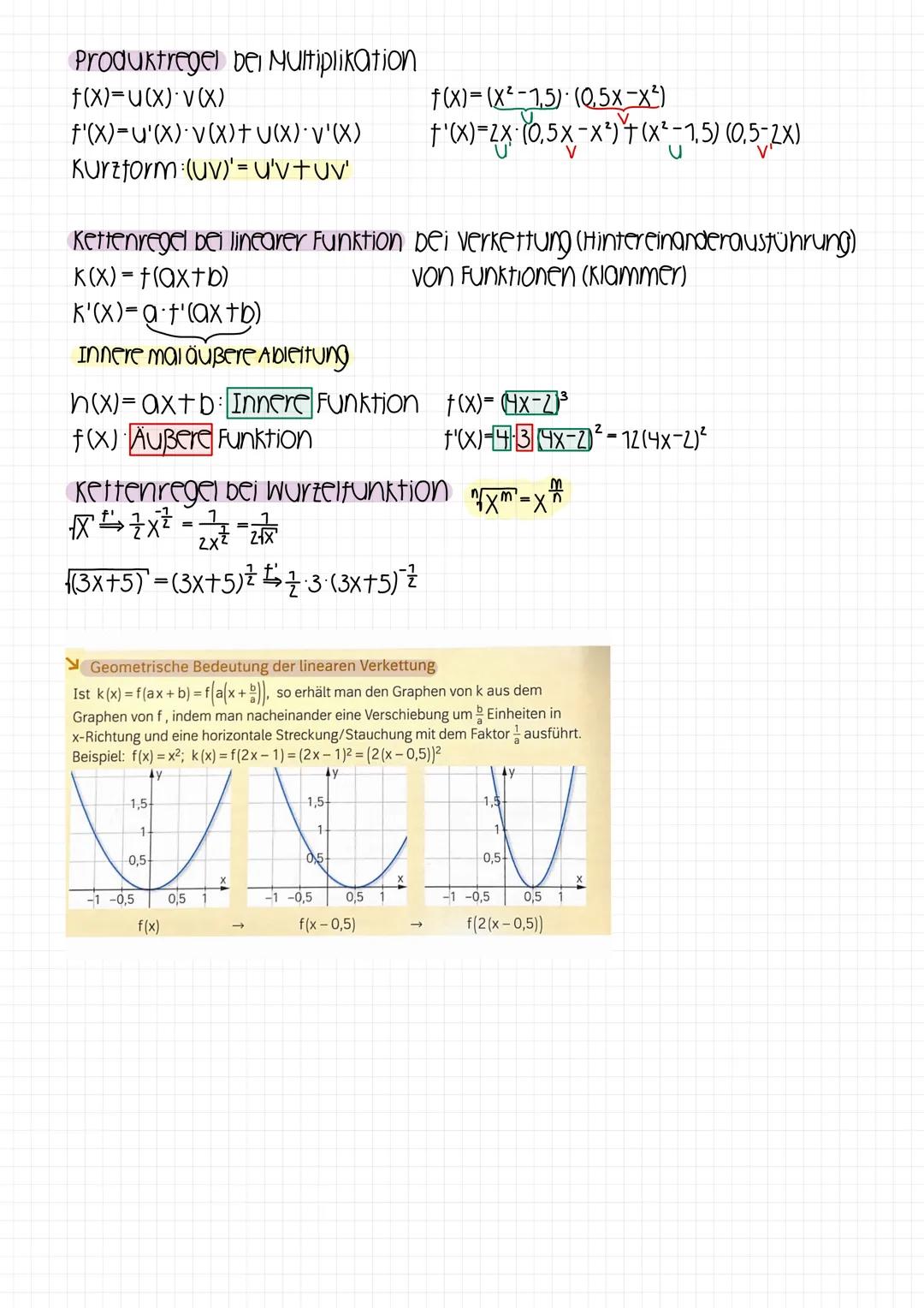 # Produktregel bei Multiplikation
f(x)=u(x)·v(x)
f'(x)-u'(x)v(x)+(x)·'(x)
Kurzform (uv)' = u'v+uv'
f(x)=(x²-1,5) (0,5x-x²)
f'(x)=2x10.5