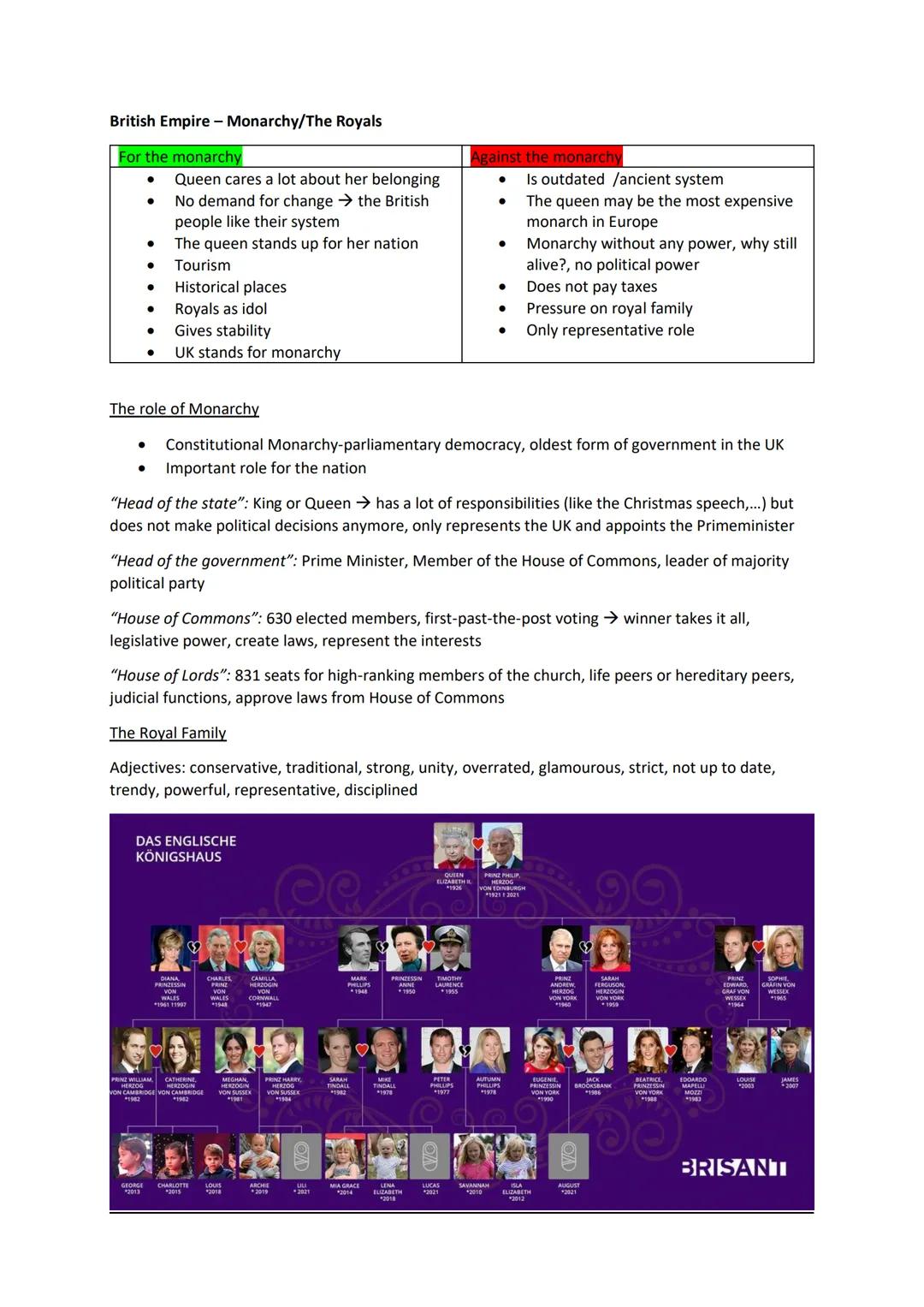 # British Empire - Monarchy/The Royals
For the monarchy
- Queen cares a lot about her belonging
- No demand for change $\rightarrow$ the B