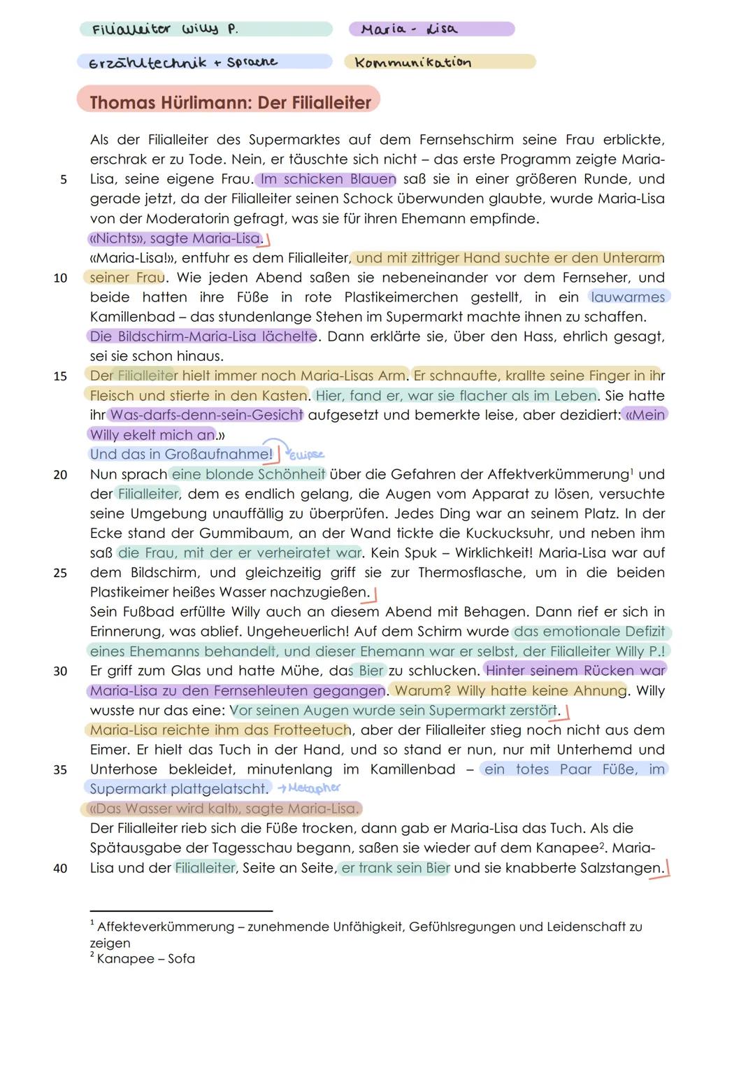 5
10
15
20
25
30
35
40
Filialleiter willy P.
Erzähltechnik + Sprache
Maria Lisa
Kommunikation
Thomas Hürlimann: Der Filialleiter
Als der Fil