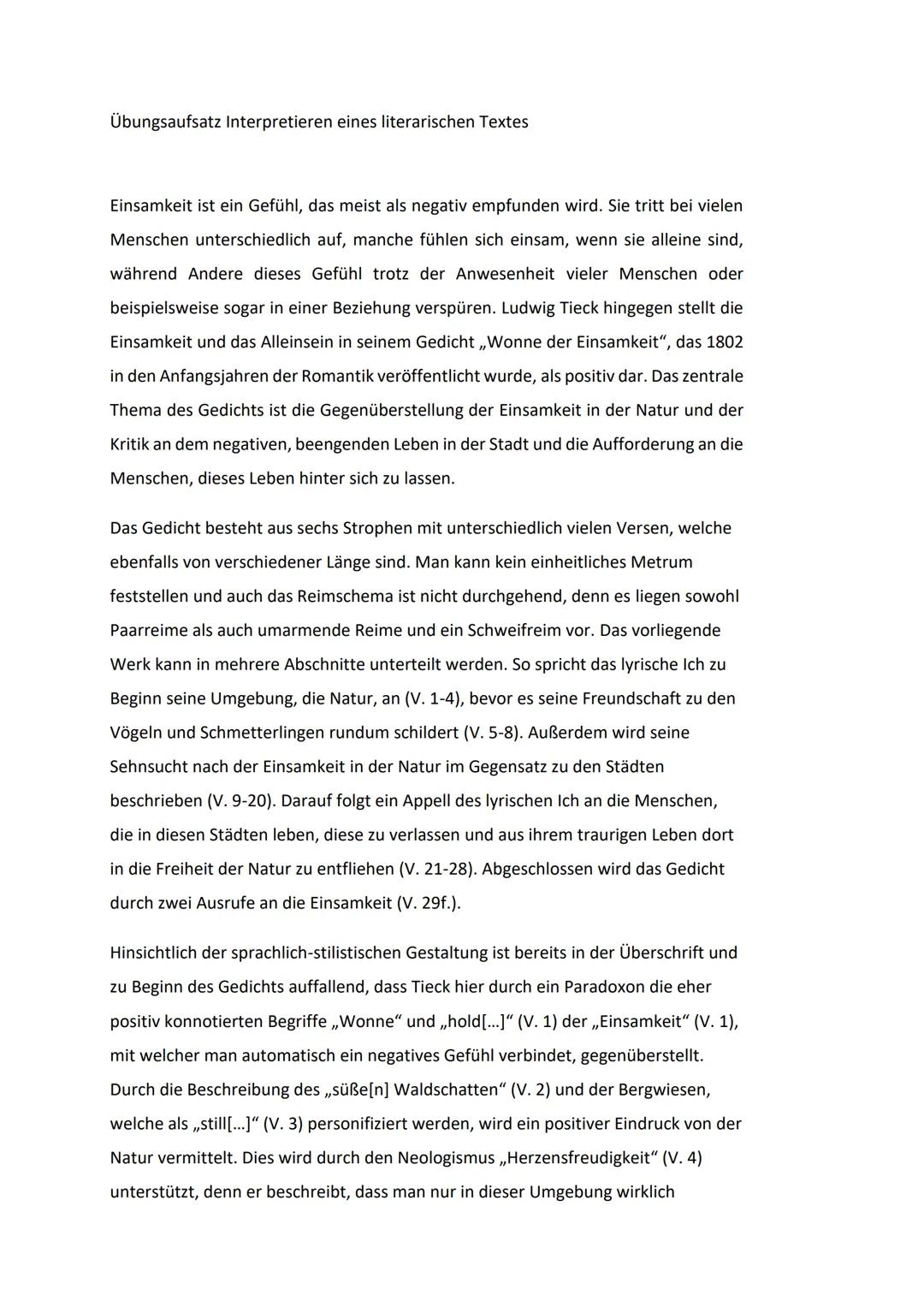 # Übungsaufsatz Interpretieren eines literarischen Textes
Einsamkeit ist ein Gefühl, das meist als negativ empfunden wird. Sie tritt bei vi