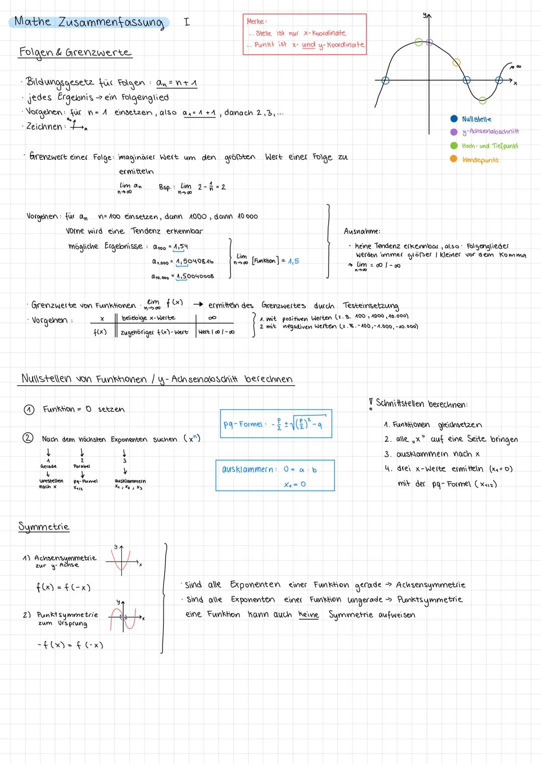 Mathe Zusammenfassung
Folgen & Grenzwerte
· Bildungsgesetz für Folgen : an = n + 1
· jedes Ergebnis -> ein Folgenglied
Vorgehen für an
· Vor