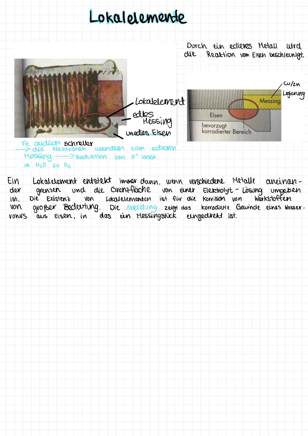 Elektrochemie # Lokalelemente
Durch ein eclleres Metall wird
die Reaktion vom Eisen beschleunigt.
Lokalelement
edes
Hessing
Unedies Elsen