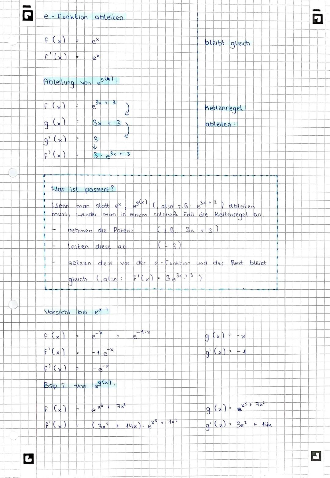 # e Funktion ableiten.
F(x) = $e^x$
f'(x) = $e^x$
## Ableitung von $e^{g(x)}$:
f(x) = $e^{3x + 3}$
g(x) = $3x + 3$
g'(x) = $3$
f'(x)