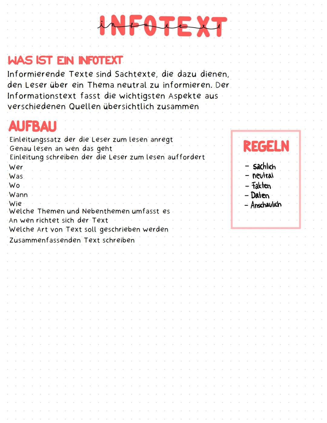 # INFOTEXT
WAS IST EIN INFOTEXT
Informierende Texte sind Sachtexte, die dazu dienen,
den Leser über ein Thema neutral zu informieren. Der