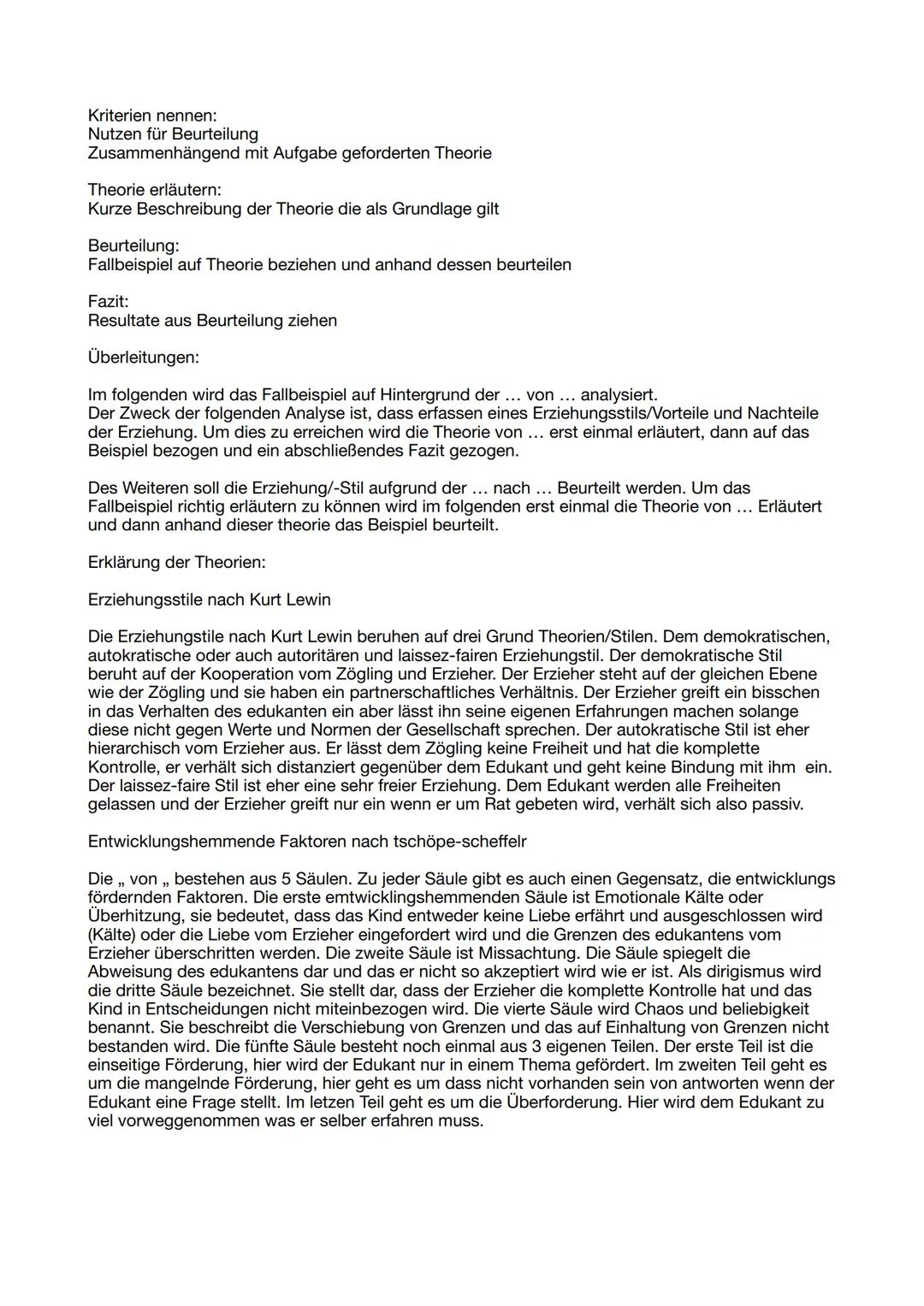 Lernzettel Pädagogik
Themen
-> Entwicklung fördernde und hemmende Faktoren nach Tschöpe-Scheffler
-> Erziehungsstile nach Lewin
-> axiolgisc