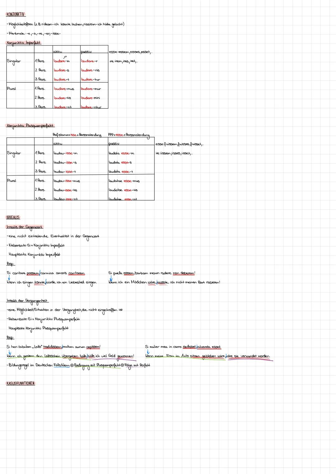 KONJUNKTIV
- Möglichkeitsform (z. B. rideam-ich könnte lachen, rissisim-ich hätte gelacht)
-Merkmale-e, -a, -re, -en-isse-
Konjunktiv Imperf