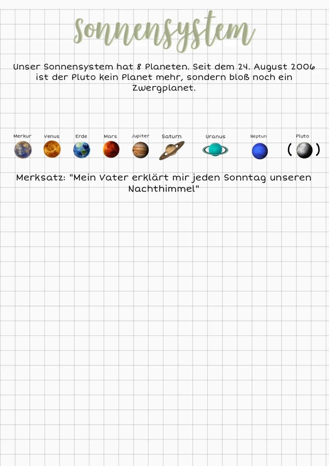 # Sonnensystem
Unser Sonnensystem hat 8 Planeten. Seit dem 24. August 2006
ist der Pluto kein Planet mehr, sondern bloß noch ein
Zwergplane