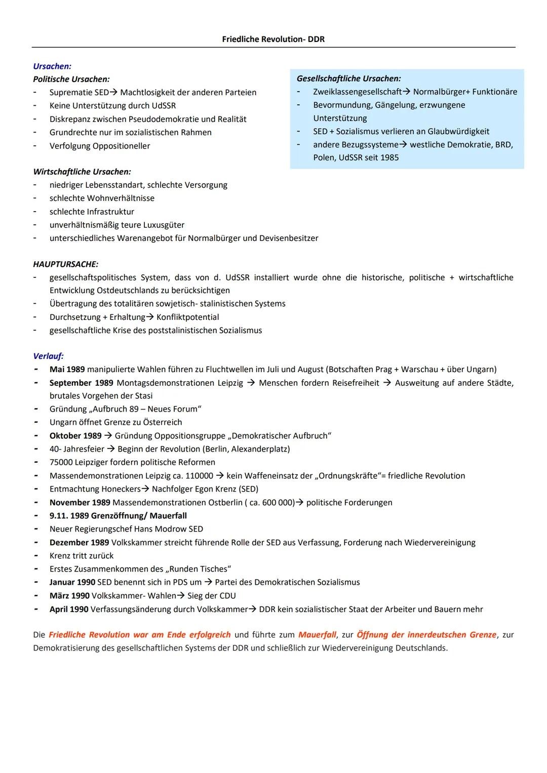 Friedliche Revolution- DDR
Ursachen:
Politische Ursachen:
- Suprematie SED→ Machtlosigkeit der anderen Parteien
- Keine Unterstützung durch