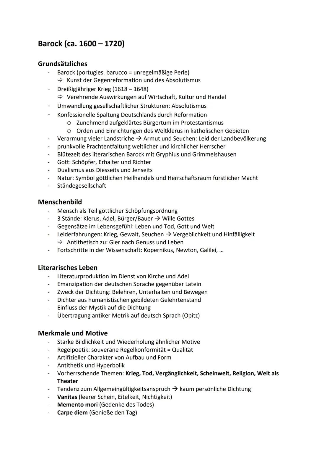 Barock, Aufklärung, Sturm und Drang Epochen