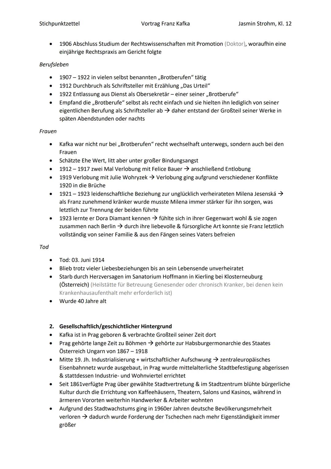 Stichpunktzettel
Vortrag Franz Kafka
Jasmin Strohm, Kl. 12
„Wenn Du vor mir stehst und mich ansiehst, was weißt Du von den Schmerzen, die i