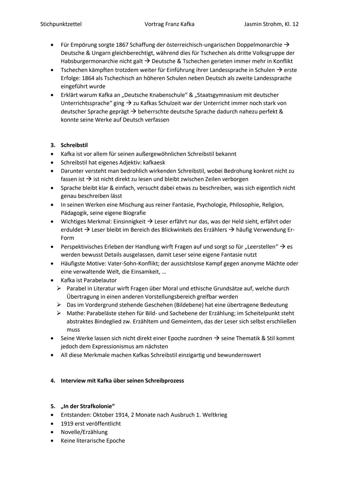 Stichpunktzettel
Vortrag Franz Kafka
Jasmin Strohm, Kl. 12
„Wenn Du vor mir stehst und mich ansiehst, was weißt Du von den Schmerzen, die i