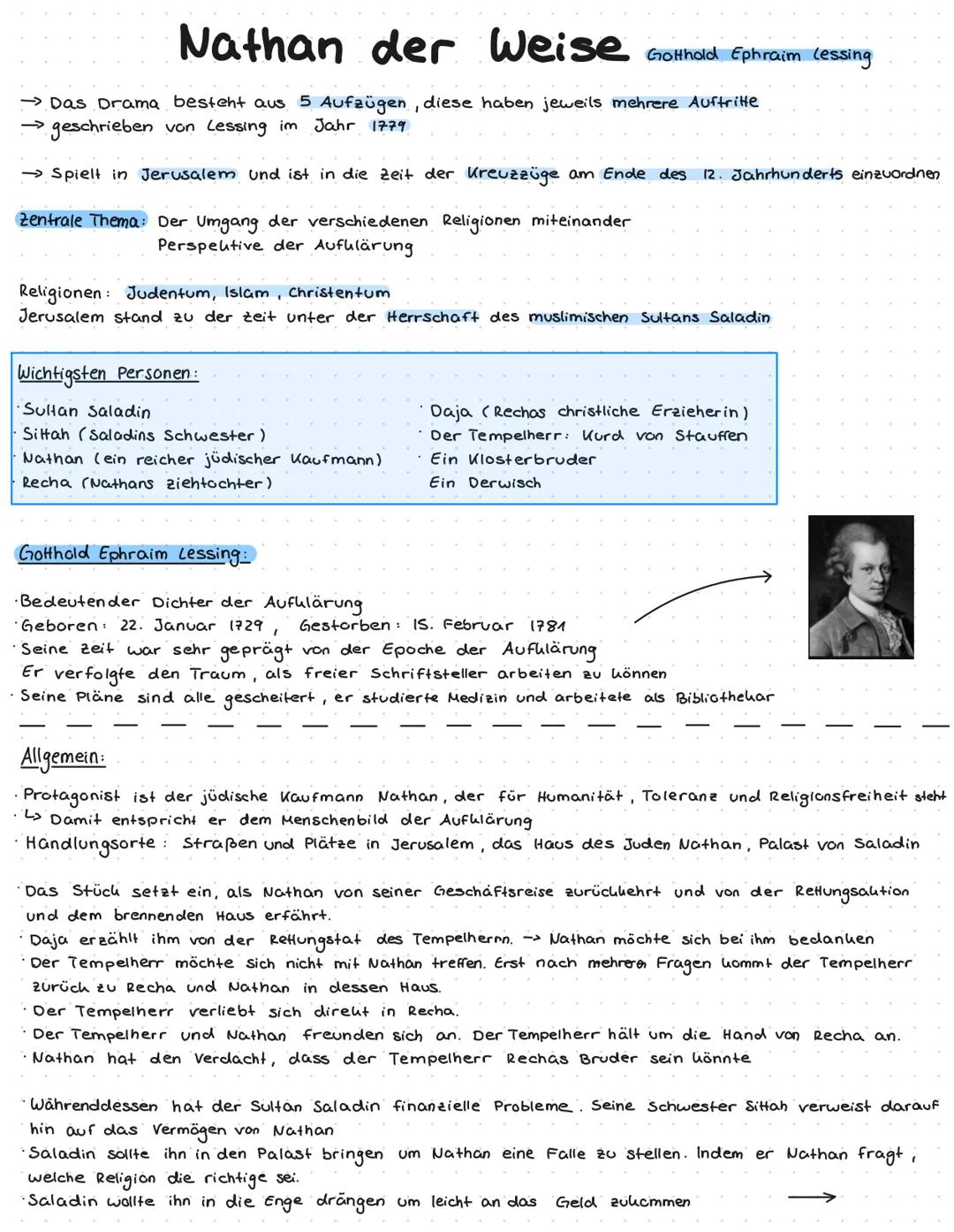 # Nathan der Weise Gotthold Ephraim (essing
→ Das Drama besteht aus 5 Aufzügen, diese haben jeweils mehrere Auftritte
→ geschrieben von Le