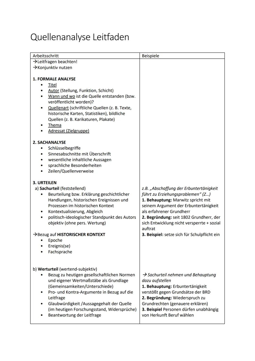 Quellenanalyse Leitfaden
| Arbeitsschritt | Beispiele |
| --- | --- |
| →Leitfragen beachten! | |
| →Konjunktiv nutzen | |
1. FORMALE AN
