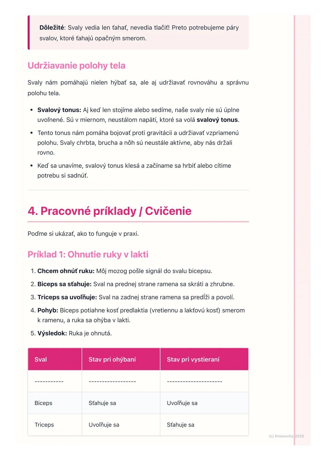 # Svaly a ich činnosť
1. Prehľad / Úvod
Svaly sú super dôležitá časť nášho tela. Spolu s kosťami tvoria opornú a
pohybovú sústavu, ktorá n