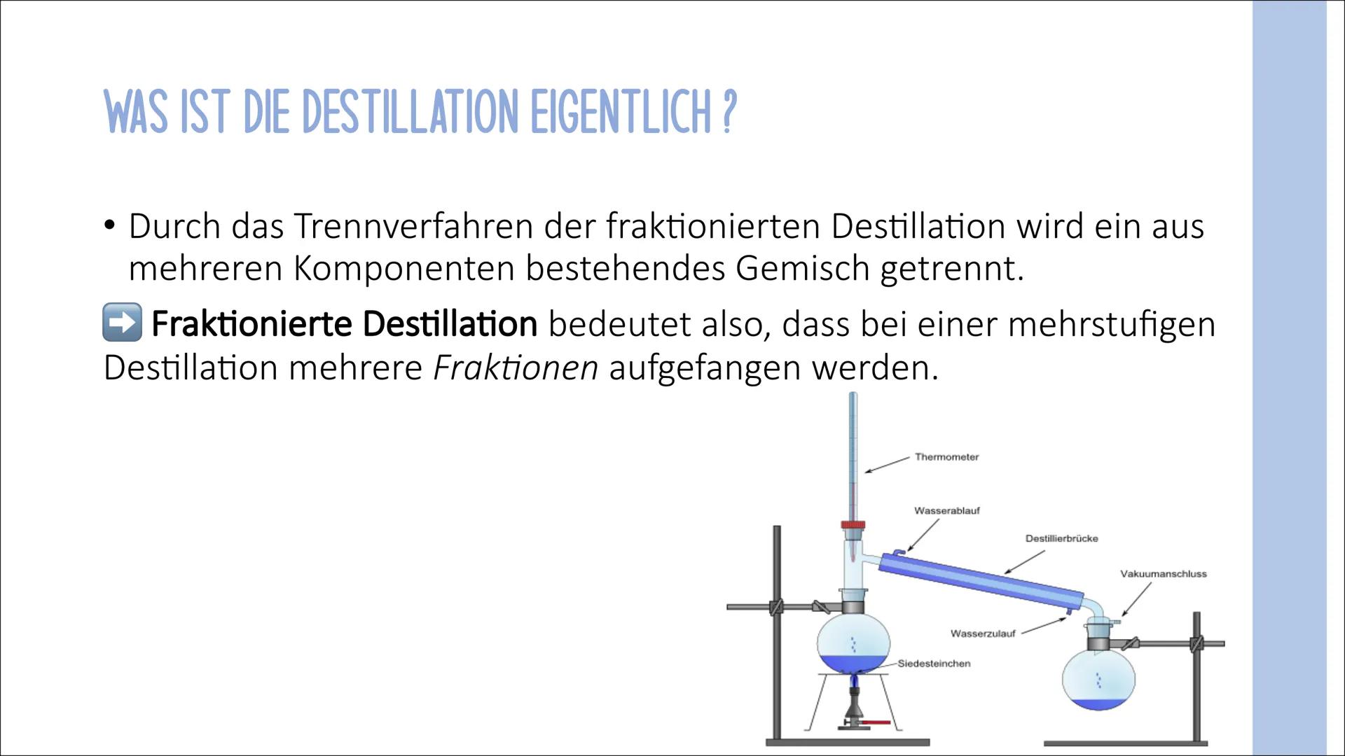 Fraktionierte Destillation
Å
-TRENNVERFAHREN-
FRANZISKA BRÜNNET WAS IST DIE DESTILLATION EIGENTLICH?
Durch das Trennverfahren der fraktionie