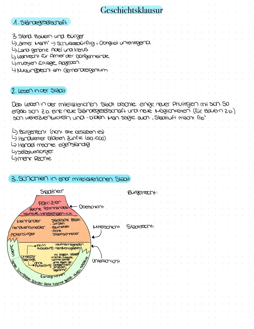 Geschichtsklausur
Themen
* Ständegesellschaft
* •Leben in der Stadt
* •schichten in der Staat (im Mittelalter)
* soziale stellung d