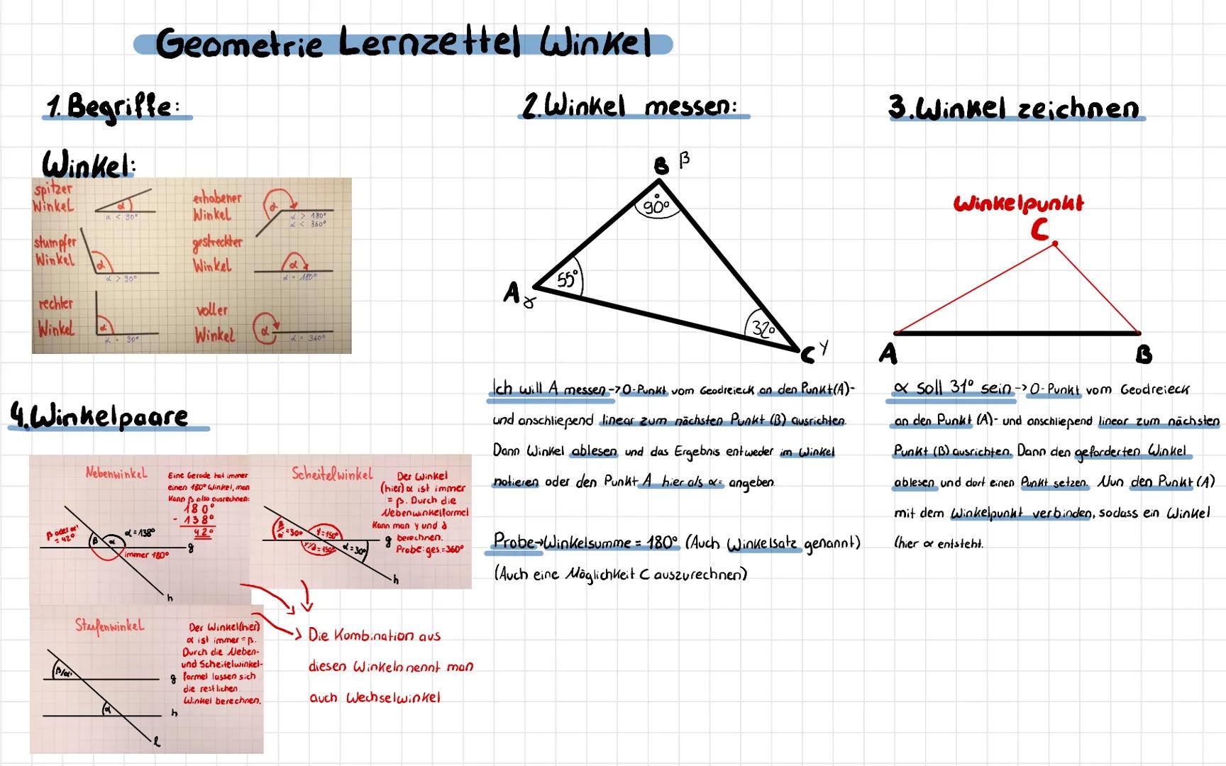 1. Begriffe:
Winkel:
spitzer
Winkel
stumpfer
Winkel
rechter
Winkel
K'
x < 30⁰
oder
= 420
> 90°
2.90⁰
4.Winkelpaare
Geometrie Lernzettel Wink