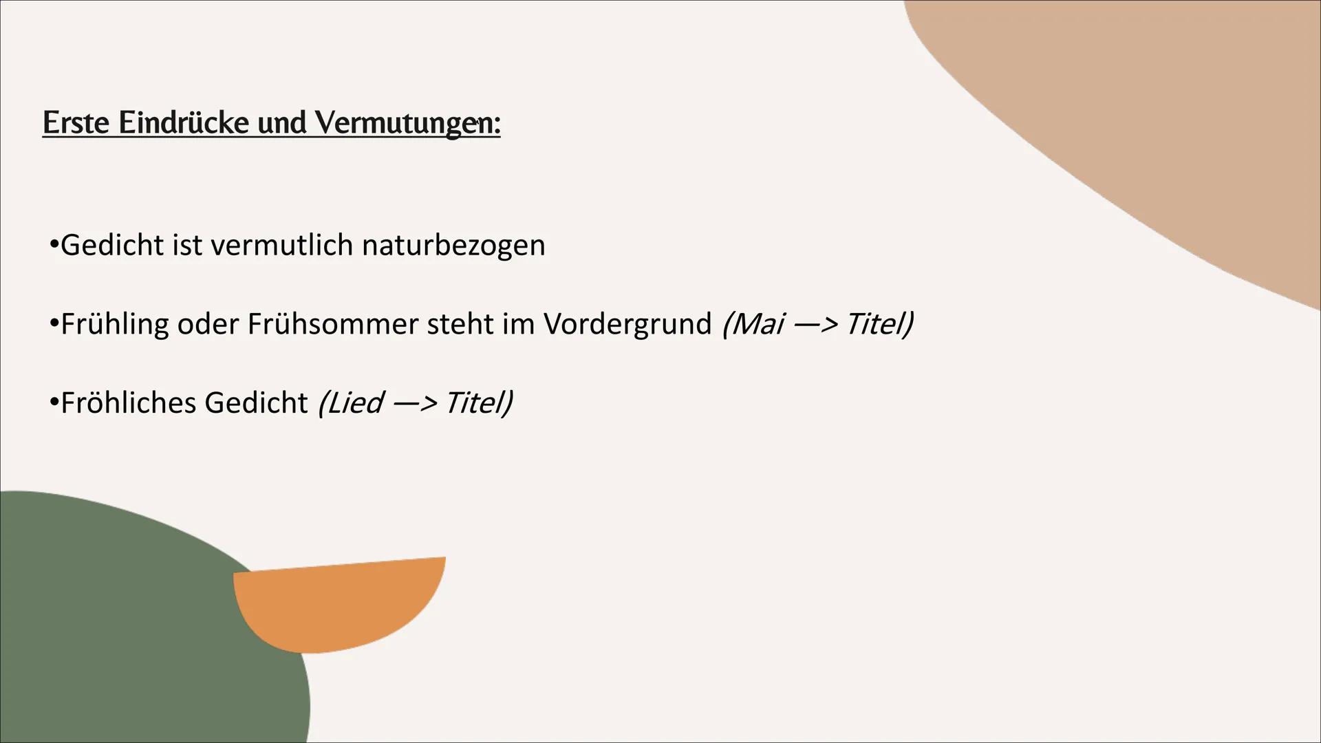 # Gedichtinterpretation
Mailied (Johann Wolfgang von Goethe) # Inhaltsangabe
- Einleitung -> TATTE(Q) / Eindrücke / Vermutungen
- Haupttei