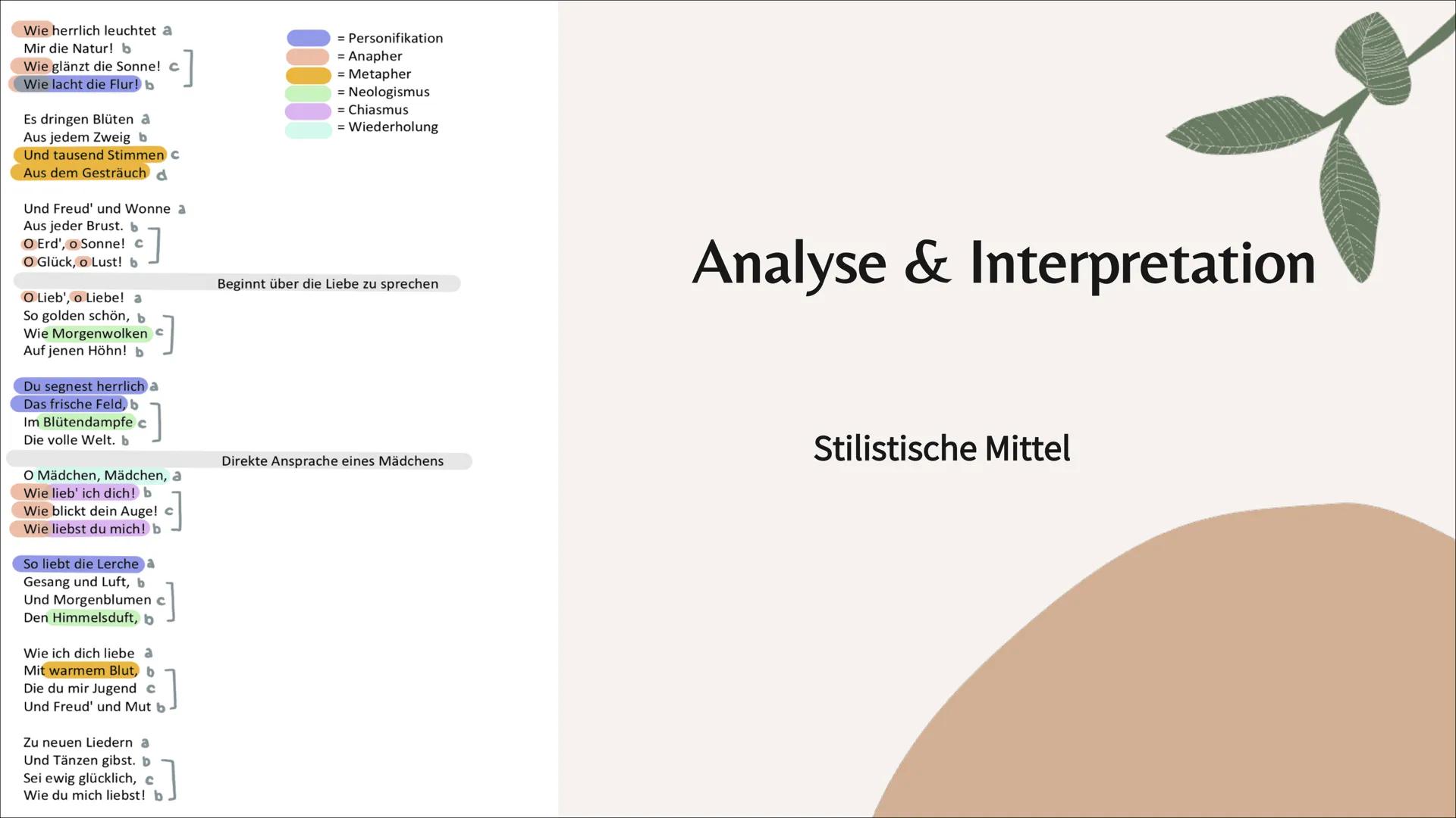# Gedichtinterpretation
Mailied (Johann Wolfgang von Goethe) # Inhaltsangabe
- Einleitung -> TATTE(Q) / Eindrücke / Vermutungen
- Haupttei