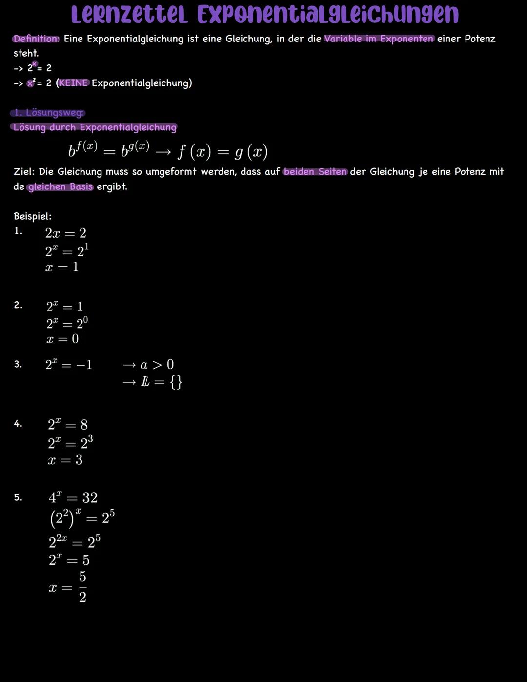 Lernzettel ExponentiaLgLeichungen
Definition: Eine Exponentialgleichung ist eine Gleichung, in der die Variable im Exponenten einer Potenz
s