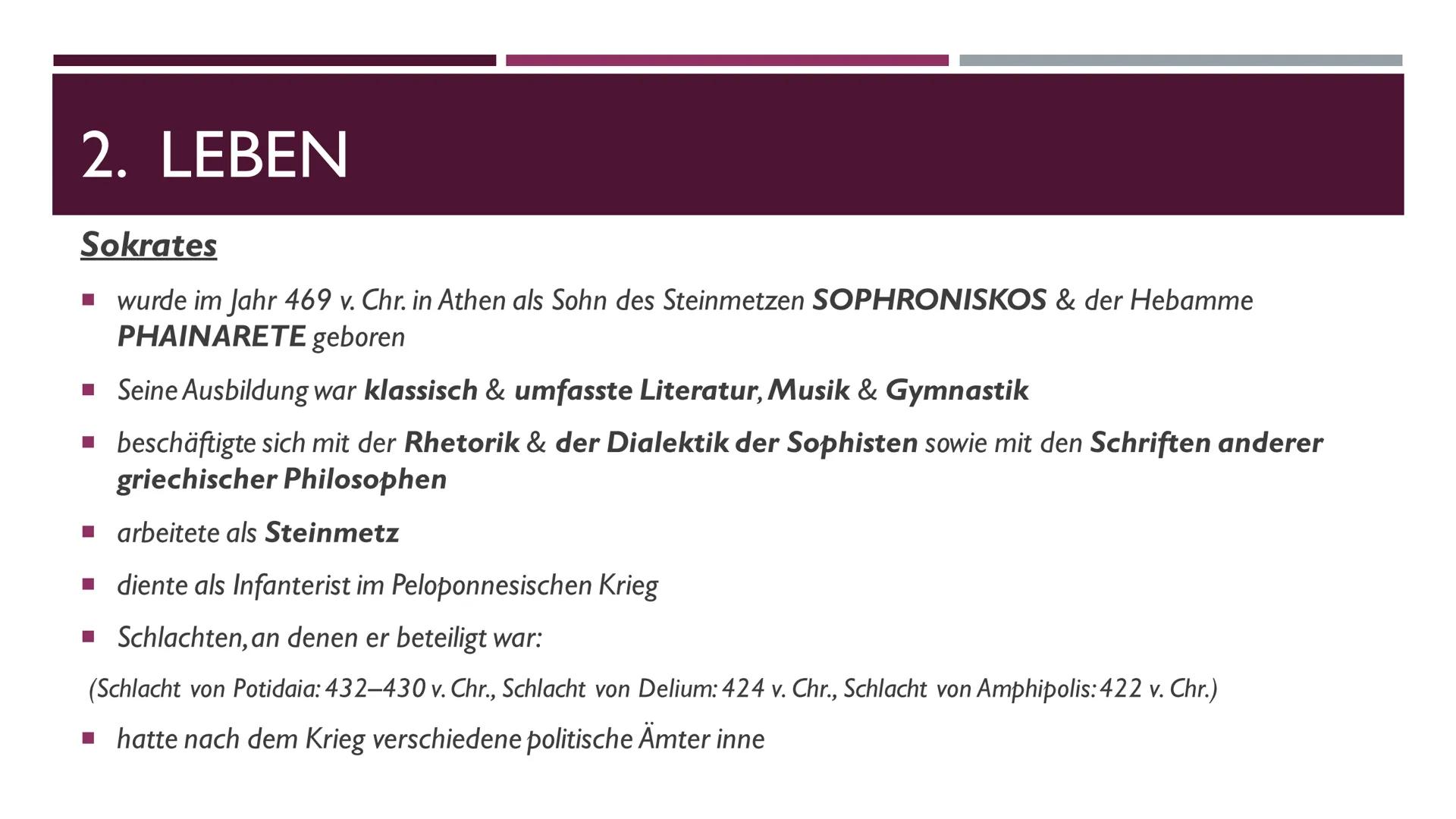 „ICH WEIB, DASS ICH NICHTS WEIß."
SOKRATES
DER GROBE DENKER
https://images.app.goo.gl/gu2jx4NZa2GVAxPe9 GLIEDERUNG
Personenvorstellung
■ Leb