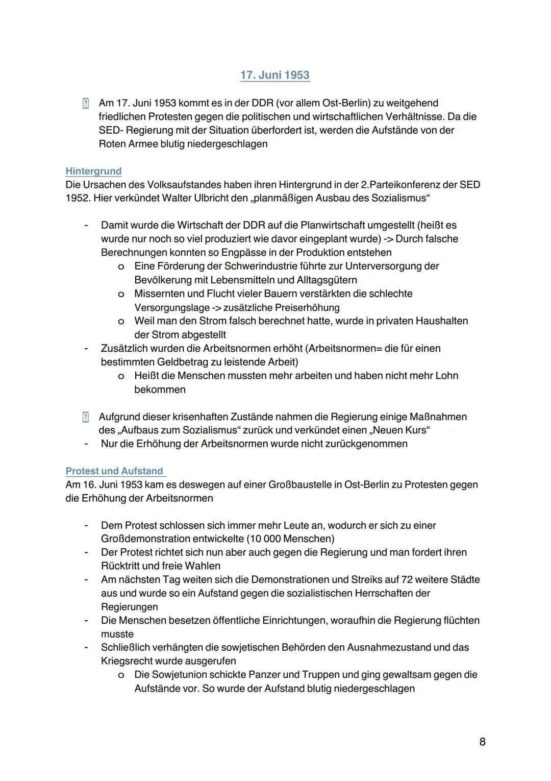 # 17. Juni 1953
Am 17. Juni 1953 kommt es in der DDR (vor allem Ost-Berlin) zu weitgehend
friedlichen Protesten gegen die politischen und w