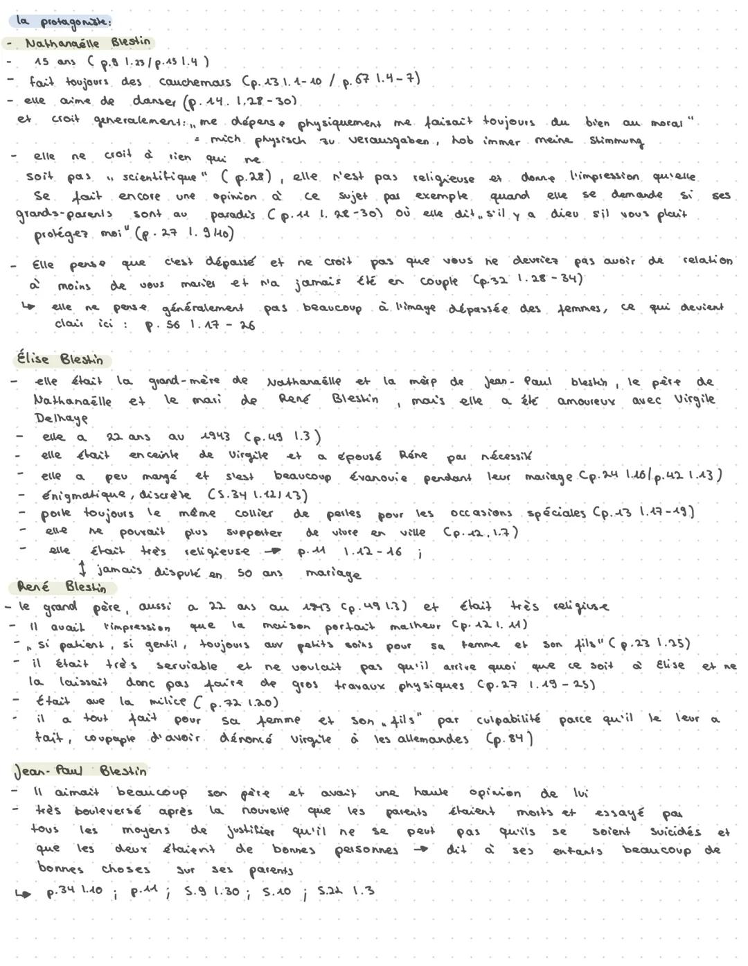 # la protagoniste:
- Nathanaelle Blestin
- 15 ans (p.8 1.23/p.45 1.4)
- fait toujours des cauchemars (p. 131.1-10/p. 67 1.4-7)
- elle aime d