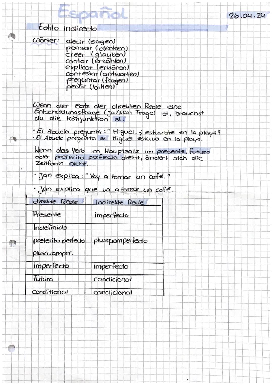 Español
Estilo indirecto
wörter: decir (sagen)
pensar (denken)
creer (glauben)
contar (erzählen)
explicar (erklären)
contestar (antworten)
p