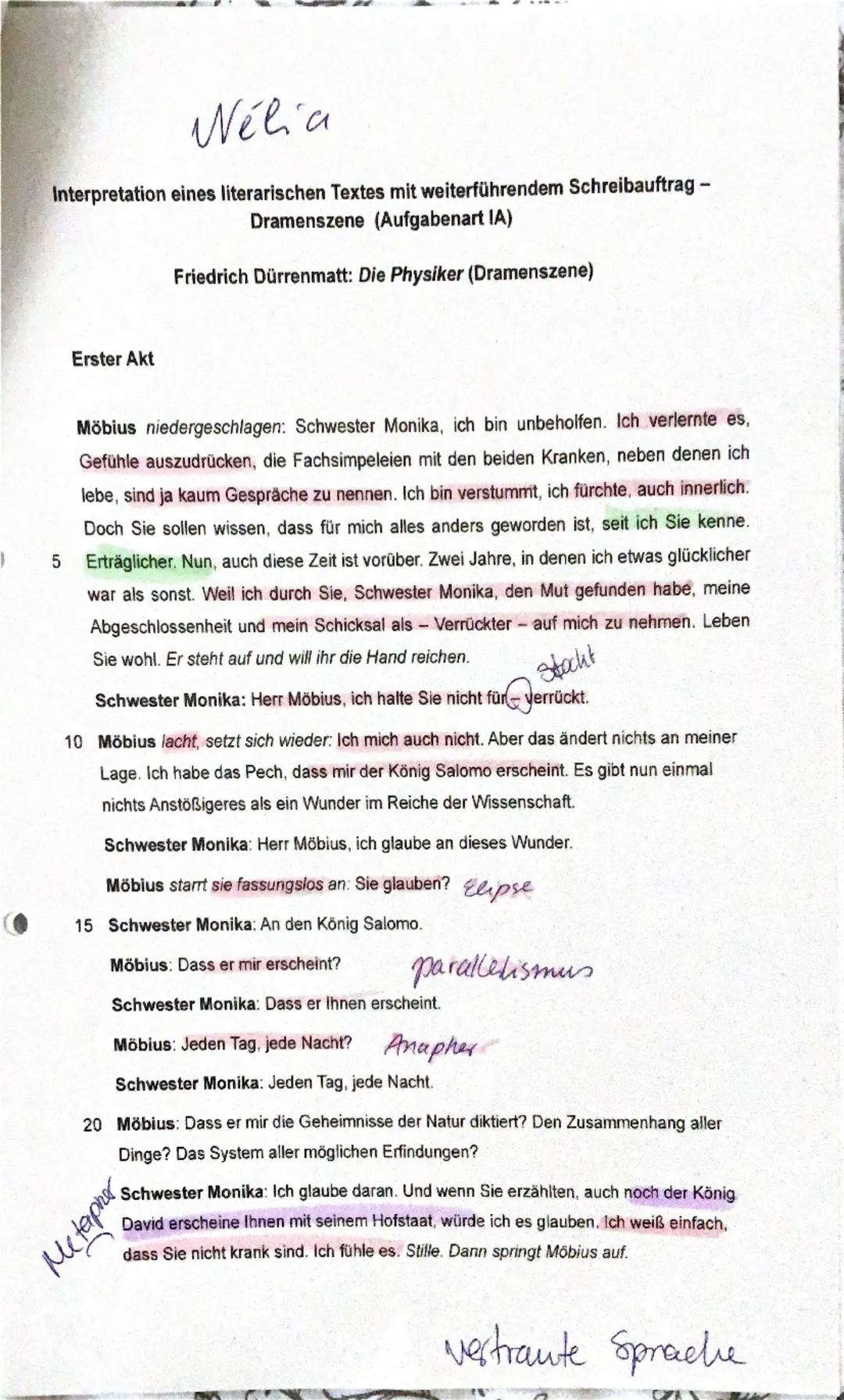 Name:
Nélia
13.03.2025
3. Klausur Deutsch (EF): Dramenanalyse „Die Physiker"
Grundkurs, Abitur 2027
Interpretation eines literarischen Texte