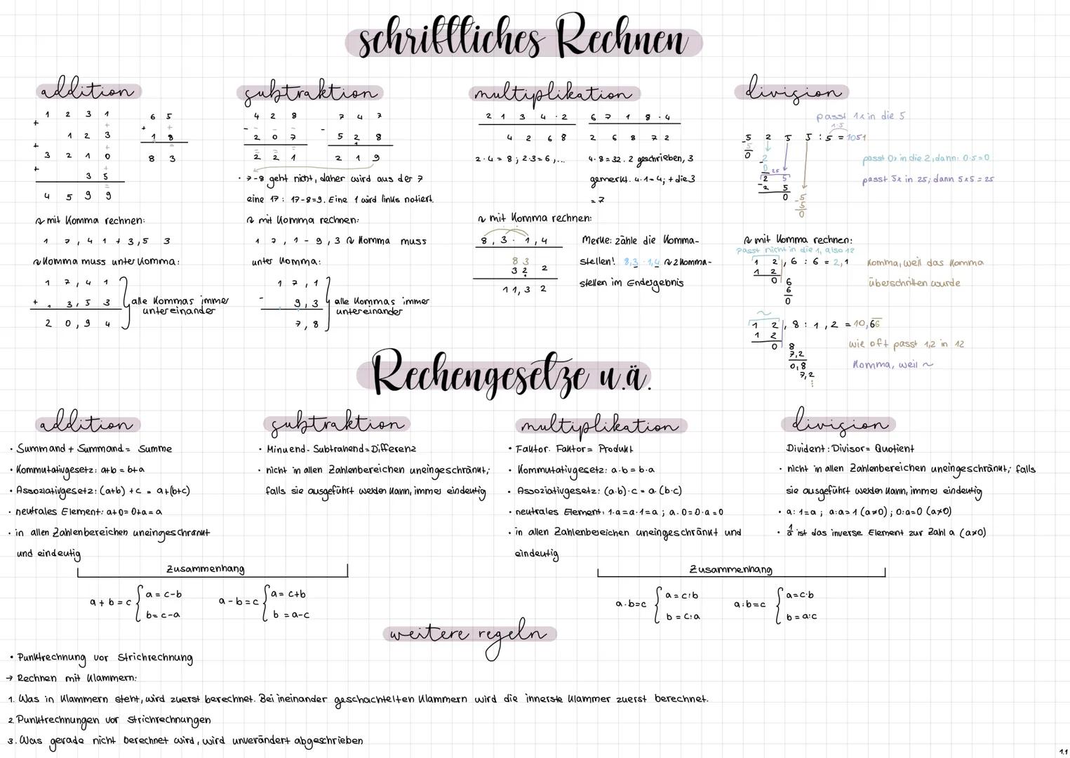 # schriftliches Rechnen
addition
1 2 3 1 65
+
1 2 3 18
3 2 4 0 8 3
35
4 599
~ mit Komma rechnen:
1 7,4 1 4 3,5 3
Komma muss unter