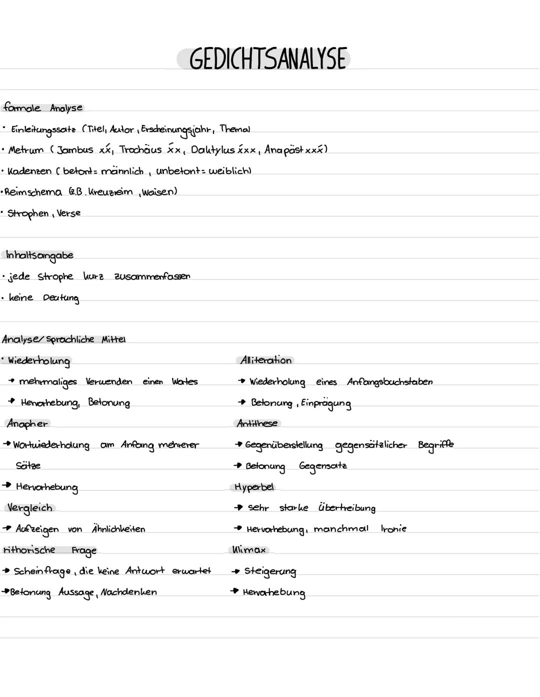 # GEDICHTSANALYSE
formale Analyse
• Einleitungssatz (Titel, Autor, Erscheinungsjahr, Themal
• Metrum (Jambus xx, Trochaus xx, Daktylus xx