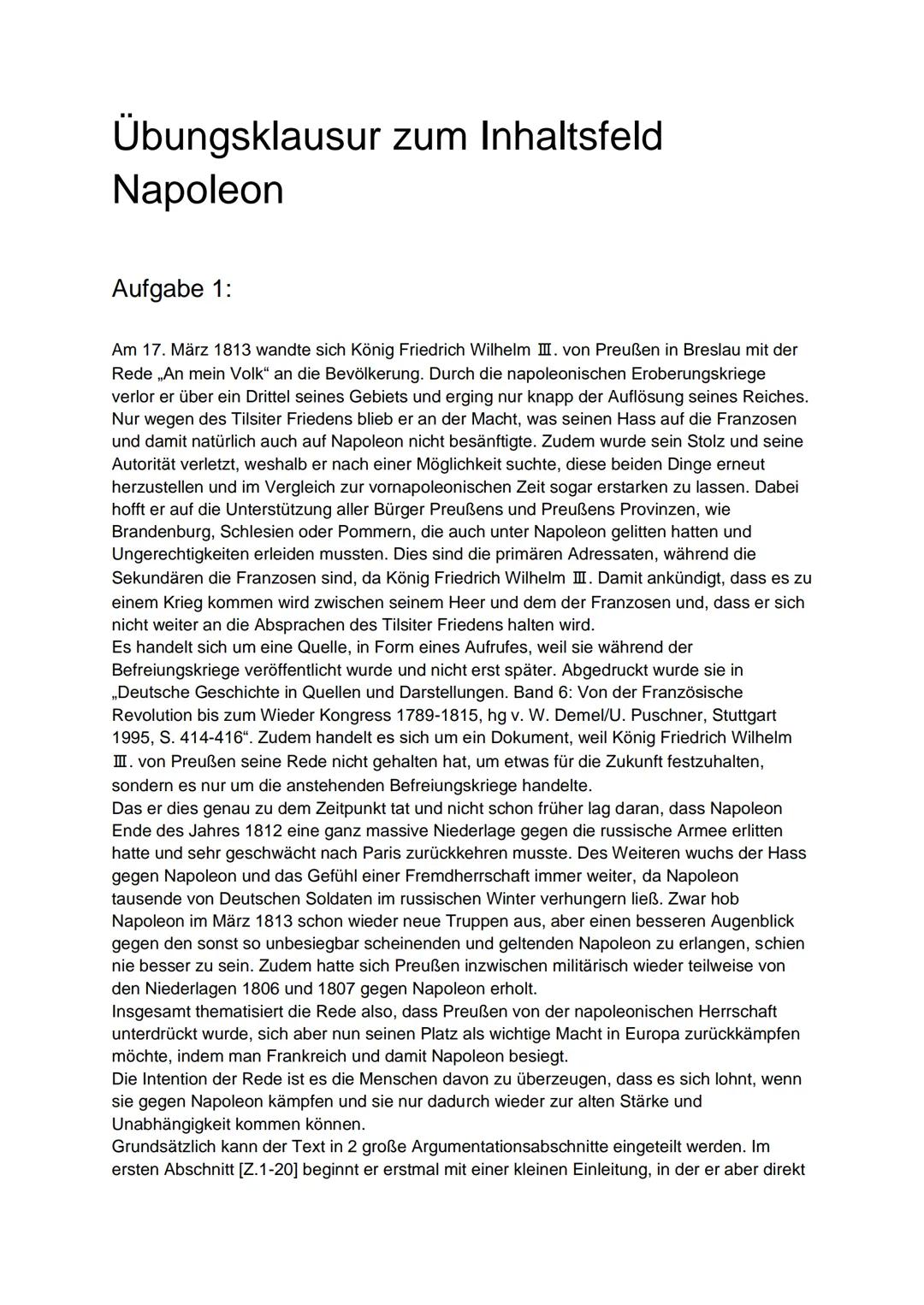 Übungsklausur zum Inhaltsfeld
Napoleon
Aufgabe 1:
Am 17. März 1813 wandte sich König Friedrich Wilhelm III. von Preußen in Breslau mit der
R