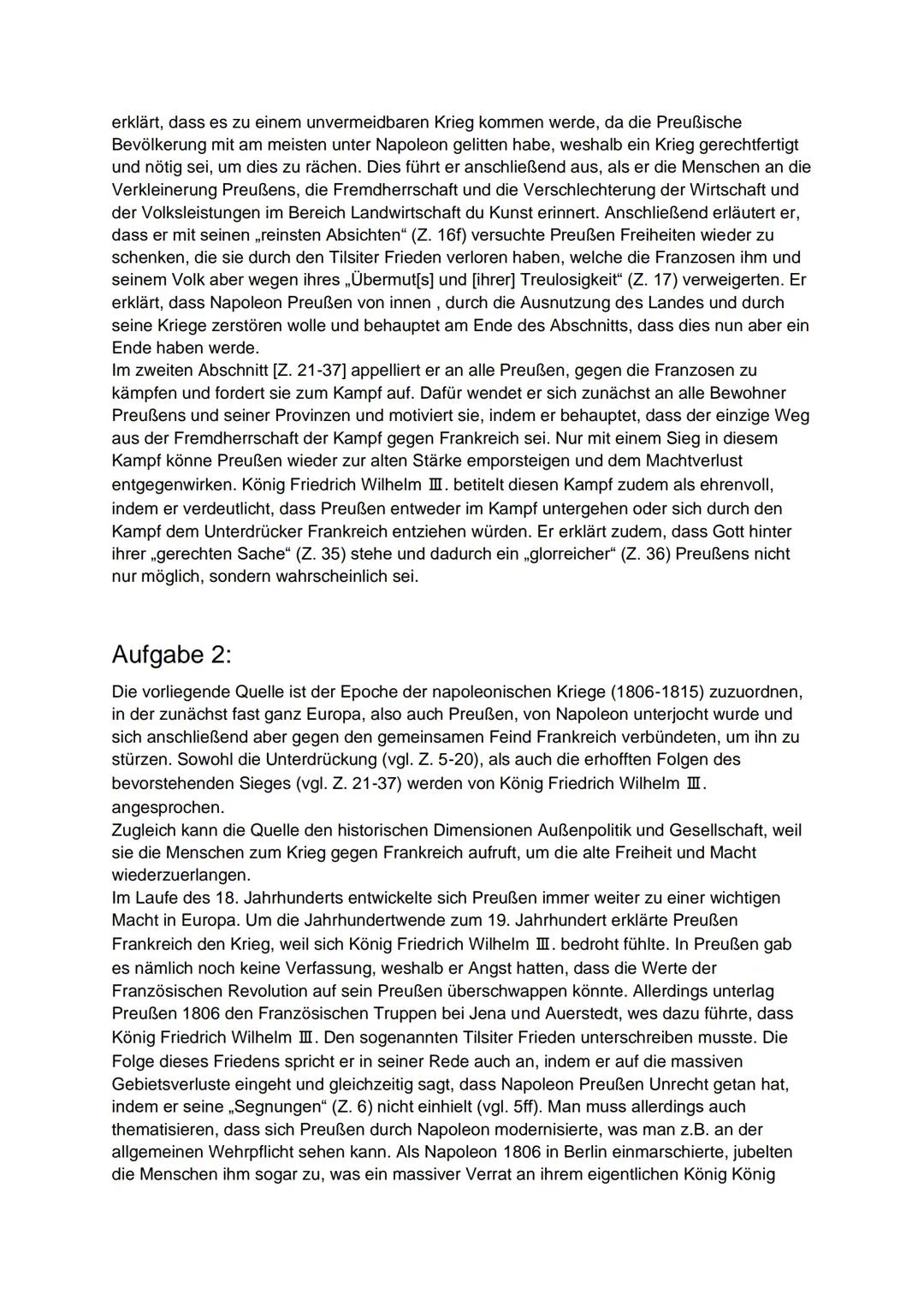 Übungsklausur zum Inhaltsfeld
Napoleon
Aufgabe 1:
Am 17. März 1813 wandte sich König Friedrich Wilhelm III. von Preußen in Breslau mit der
R