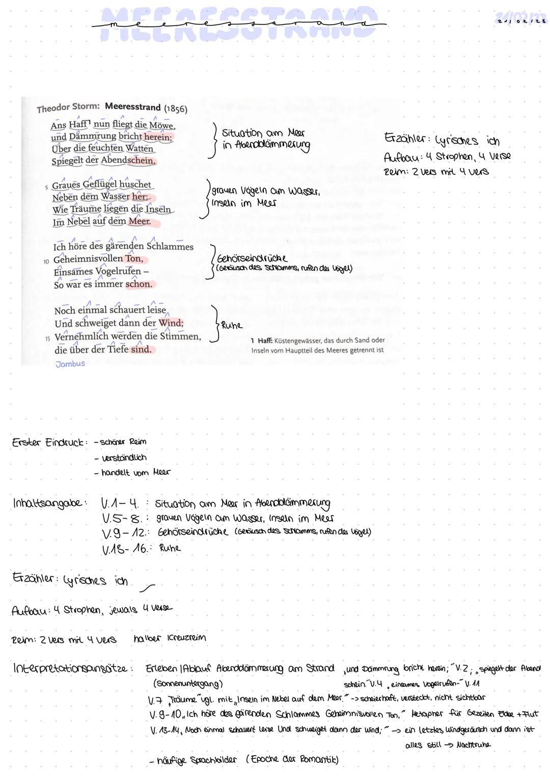 Theodor Storm: Meeresstrand (1856)
Ans Haff¹ nun fliegt die Möwe.
und Dämmrung bricht herein;
Über die feuchten Watten
Spiegelt der Abendsc
