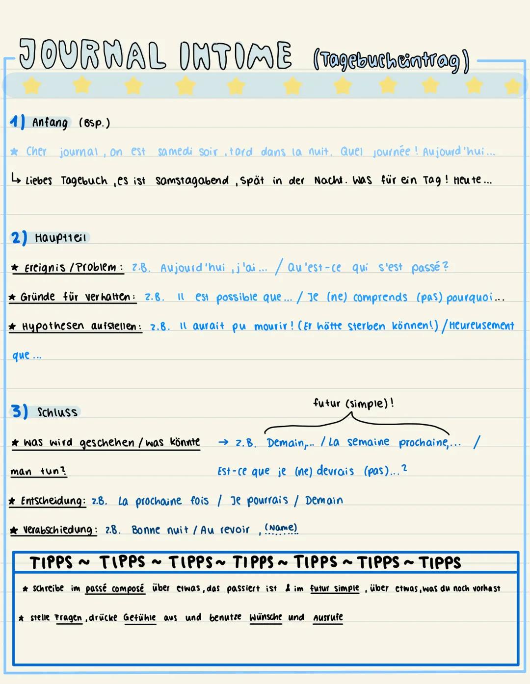 # JOURNAL INTIME (Tagebuchtintrag)
1) Anfang (Bsp.)
* Cher journal, on est samedi soir, tard dans la nuit. Quel journée! Aujourd'hui...
L